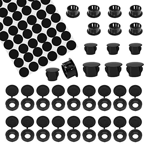 HJYZY Black Hinged Screw Cover Caps，8mm/10mm Plastic Hole Plugs for Holes Cabinet Hole Plugs Screw Hole 21mm Self-Adhesive Screw Covers Caps Dustproof Sticker 194 pcs