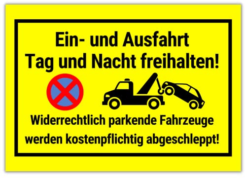 PRINTNOVIA Einfahrt & Ausfahrt Freihalten Schild - 30cm x 20cm Gelbes Kunststoffschild - Parken Verboten - Minimalistisch