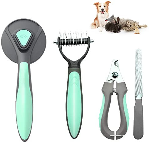 Hundekämme Katzenbürste，4-teiliges Hundepflegeset Katzenbürste Kurzhaar, Katzenbürste & Unterwolle Bürste Hund und Katzen, mit Krallenschere Katzen (Grün)