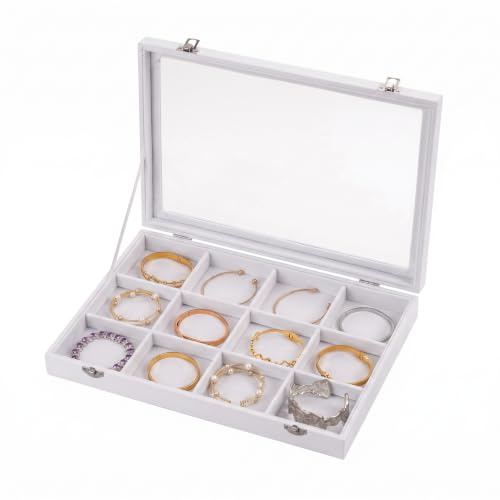 Frebeauty 12 rutnät armband hållare låda, sammet smyckebricka med klart lock | Riktigt glaslock, armbandsdisplay, smyckesorganisatör för armring brosch, justerbar avdelare, dammtät design, 33,8 × 9,5 tum