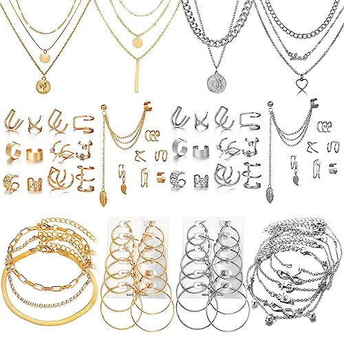 CONGYING 60 PCS Gold Jewelry Set with Multi-Layered Bracelet Necklace, Dangle Earrings, Stackable Ring For Women Valentine Anniversary Jewelry Pack Gifts For Her