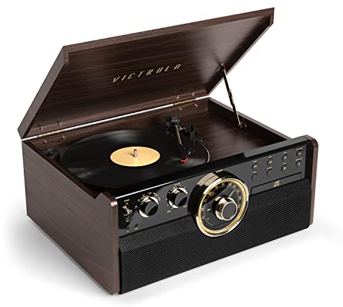 Victrola The Empire Giradischi e Centro Multimediale 6-in-1 in Stile Mid-Century – 3 Velocità, Bluetooth, Radio, Lettore CD e Cassette, Altoparlanti Integrati, Uscita RCA, Jack Cuffie (Espresso)