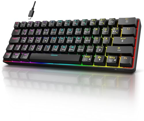 KOORUI Teclado para videojuegos, 60% mecánico, 26 RGB retroiluminado con cable, diseño alemán QWERTZ Gaming Keyboard para Windows, MacOS, Linux, interruptor azul
