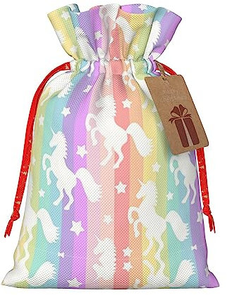 Einhörner auf bunten Streifen Weihnachten Kordelzug Geschenktüten Urlaub Geschenk Goody Bags für Xmas Holiday Party, Geschenke, Weihnachtsfeier, Urlaubsdekorationen