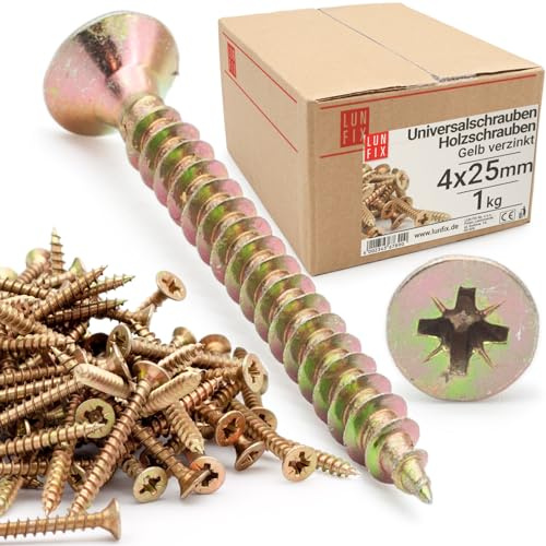 LUN FIX Universalschraube 4,0x25 mm 1kg 700 Stk PZ2 Kreuzschlitz Senkkopf | gelb verzinkt Vollgewinde Holzschrauben Spanplattenschrauben selbstschneidende Schrauben für Holz Möbelbau