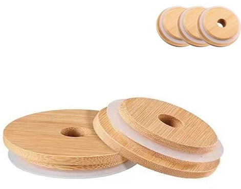 Tapas de bambú para taza de vidrio, tapas de tarro Mason con agujero para popote, tapas de tarro de madera reutilizables para vasos de cerveza de 16 orz, vasos y popote no incluidos (3 piezas) (boca