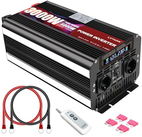 LVYUAN inversor 12v 220v 3000w/ 6000W Transformador de Corriente con Mando a Distancia, USB y Pantalla LCD