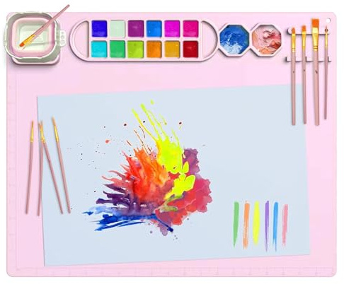 Kujinova Bastelmatte Silikon Zusammenklappbar, Malmatte mit Becher und 10 Pinsel 51 x 41 cm, Malunterlage Silikon, Rutschfest, Multifunktional Silicone Painting Mat für Malen, DIY Kunst (C)​