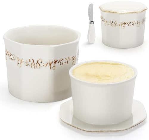 Französischer Buttertopf mit Deckel, Keramik-Butterdose mit Streuer, 280 g Fassungsvermögen, Weiß