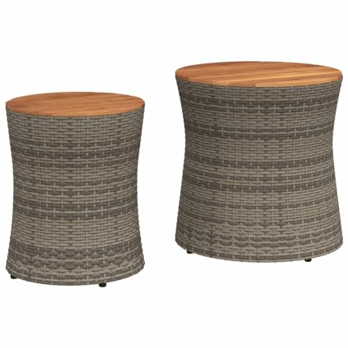 SDWEHO7 Garten Beistelltisch 2er Set, Couchtisch Gartentisch Balkontisch Polyrattan Kaffeetisch Teetisch Rattantisch mit Holzplatte, Grau 50x50 cm/38x46 cm
