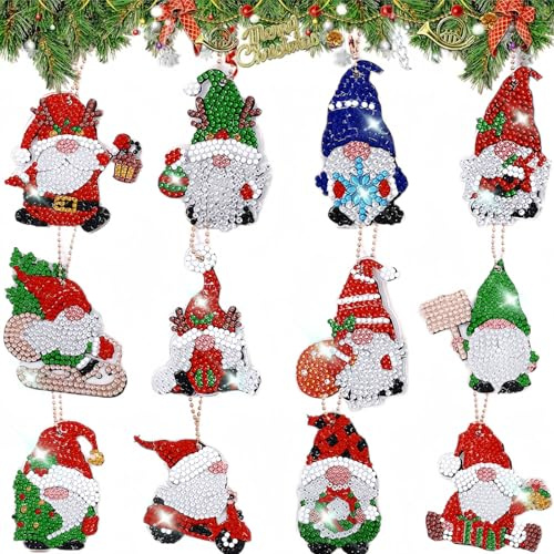 MHwan 12 Stück Doppelseitiger 5D Diamond Painting Wichtel Weihnachten Anhänger, glänzend exquisit, Diamond Painting Adventskalender, Kann an Weihnachtsbäumen, Geschenkboxen aufgehängt werden