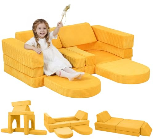 MeMoreCool 10-teiliges Modulares Sofa Cord, Lounge Sofa, Gelb | Flexibles Modulsofa mit Weicher Schaumstoffpolsterung und Abnehmbaren Bezügen, Ideal zum Entspannen im Wohnzimmer