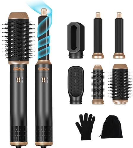 UKLISS Hairstyler 6 in 1 Air Styler Set- für Locken, Volumen, Glätten und Trocknen- 1000W Föhnbürste Set mit Airflow Lockenstab Automatisch, Warmluftbürste, Rundbürstenföhn, Glättbürste (Schwarz)