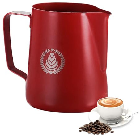 Pasdrucn Brocca per latte da 600 ml, in acciaio inox, antiruggine, con misurazione, per caffè, cappuccino, latte in acciaio inox (rosso)
