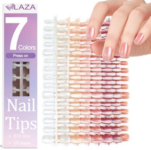 Laza 210pcs Cat Eye Press on Nails 7 Colors Nude Short Square Fake Nails | Reusable & Long-Lasting, Artificial Acrylic False Nail Tips, Natural Nude Glossy, 15 Sizes Press On Nails for Perfect Fit