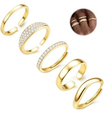 CASSIECA 5 Stück Ringe Gold Silber Wasserfest Ring Verstellbar für Damen | Ringe Damen Gold Silber Damenring Daumenringe Fingerring Stapelringe Verlobungsring Promise Offene Ring Set Damen Schmuck