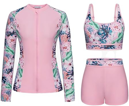 Generisch Badeanzug Mädchen Kinder Badebekleidung Bikini 3-teiliges Rashguard-Badeanzug-Set für Damen langärmelig mit Boyshorts Push-Up-Bikini-Sets Nylon Anzug (12-13 Years)