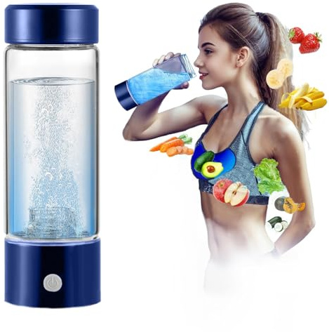 Wasserstoff Wasserflasche, 420ml Hydrogen Water Bottle mit SPE & PEM Technologie, Tragbare Glas Wasserstoff Flasche, 3 Minuten Schnelle Elektrolyse, Wasserstoff Generator für Reisen, Sport (Blau)