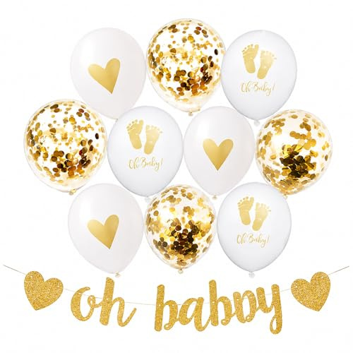 Fesnova Babyparty Deko Set,Weiße und Goldene Luftballons und Banner | mit Oh Baby Schriftzug,Baby Shower Konfetti Ballons,Girlande für Babyparty Deko Mädchen,erster Geburtstag,10 stück