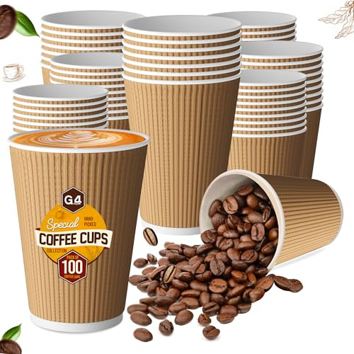 G4GADGET 12oz (340ml) Kraft Disposable Coffee Cups - 100 Pack - Premium Heavy Duty Ripple Paper Cups - No Lids - Hot Drink Cups for Coffee, Tea, Espresso, Takeaway, Catering, Office, Events