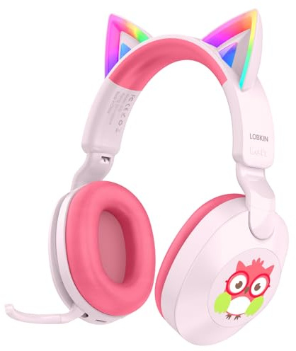 LOBKIN Casque Audio Enfant, Casques Bluetooth Enfant sans Fil et Filaire avec Microphone Rotatif, Volume Limité 85dB, Casque Chat Fille Garçon Pliable Réglable pour ipad, Tablettes