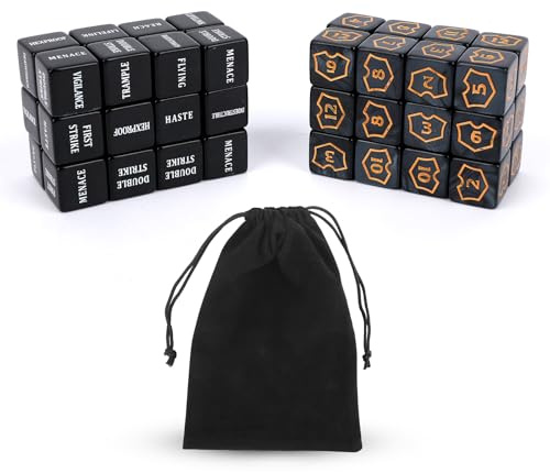 BOXOB 48stk Fähigkeiten-Schlüsselwort-Zählerwürfel-Set, Acryl mit Buff-Token für Kreaturenstatistiken D6-Würfel mit Samtbeutel für MTG TCG-Kartenspiele Tabletop-Gaming-Zubehör