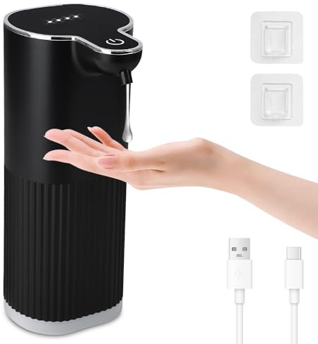 Cuteefun Dispensador Jabon Baño Automatico, 350ml Recargable Dosificador Jabon Cocina, Sin Contacto, 4 Niveles Ajustables, Impermeable IPX5, Montaje en Pared, Dispensador Champu y Gel Ducha, Negro
