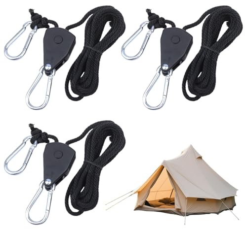 4 Cordes à Cliquet avec Crochets - Charge de Rupture 68 Kg, Charge Utile 34 Kg, Cordes de 2m Réglables avec Cliquet, Tendeurs pour Lampes, Corde de Tente，Kit Complet Prêt à l’Emploi