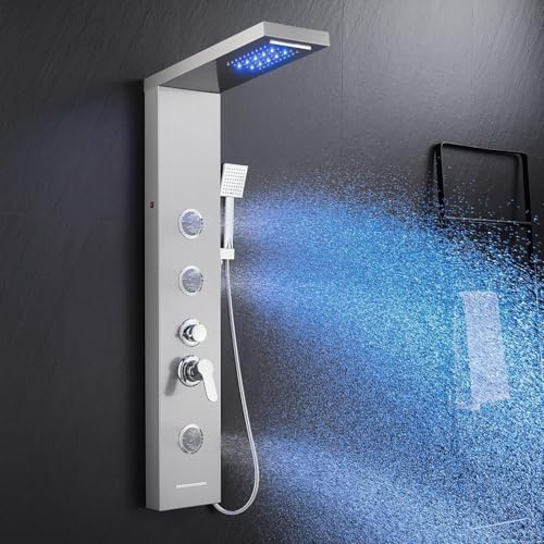 LED Shower Tower with Mixer, 6 Shower Modes: Rain＆Waterfall, 2 Body Massage Jets, Handset and Bath Spout, Shower Column Brushed Shower Panel Stainless Steel