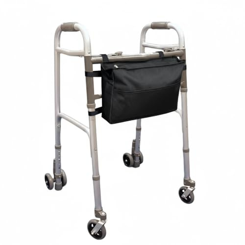 Deambulatore pieghevole con borsa, regolabile in altezza con 2 ruote piroettanti e 2 gemellate con sistema di frenata a pressione