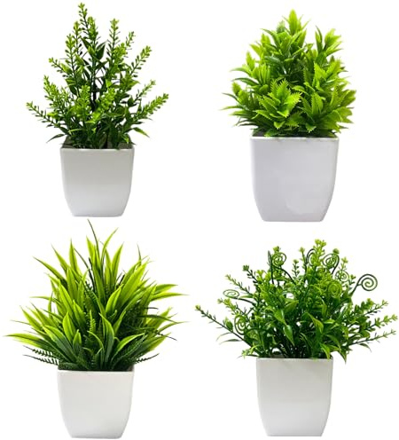 Vrexziy Artificial Plants, 4Pcs Artificial Plants Indoor, Mini Potted Fake Plant Plastic Fake Plant Potteds for Office Desk Bedroom Kitchen Bathroom House Decoration