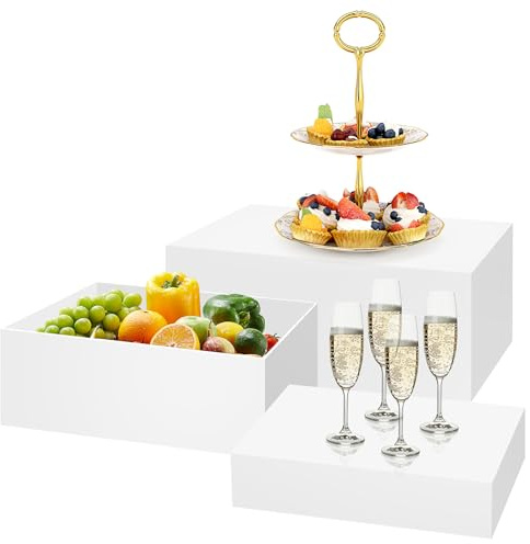 JTKDG 3 Stück Buffet-Erhöhungen, Acryl-Lebensmittelerhöhungen für Buffettisch, 24/27/30 cm, weißes Tortenständer-Set mit hohlen Böden, Würfelboxen für Hochzeit, Party, Brunch und Desserttisch