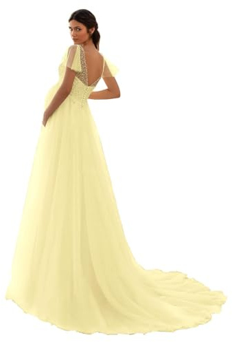 HAIBFJIN Vestido de maternidad de tul, cuello en V, vestido de novia para embarazadas, vestidos de maternidad para baby shower, sesión de fotos, amarillo, 50