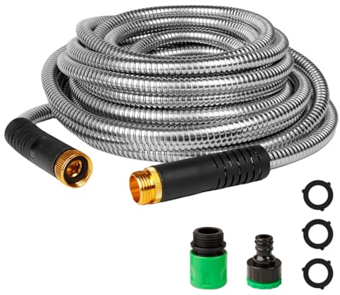 HERZO Manguera de jardín de metal de acero inoxidable, 15 m, resistente, sin pliegues, a prueba de fugas, con conectores de latón de alta calidad