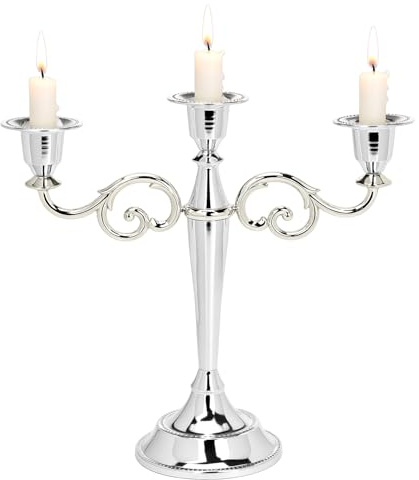 QWORK® Elegant Silver 3-Arm Candle Holder Stand - 27cm Tall Vintage Modern Candelabra for Weddings & Home Decor