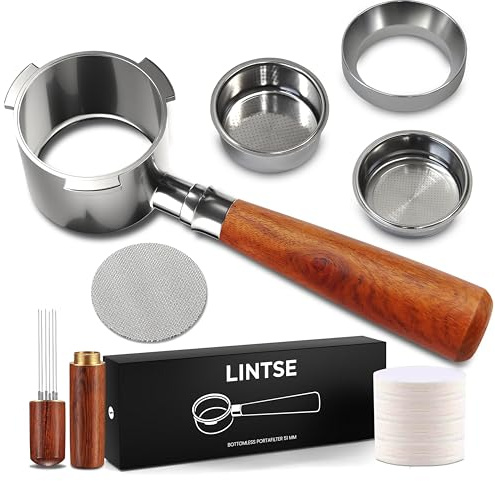 Lintse Portafiltro Sin Fondo 51mm para Espresso Preciso, Compatible con Portafiltro Delonghi Dedica, Incluye Kit Barista 51mm para una Preparación más Consistente, Madera Palosanto
