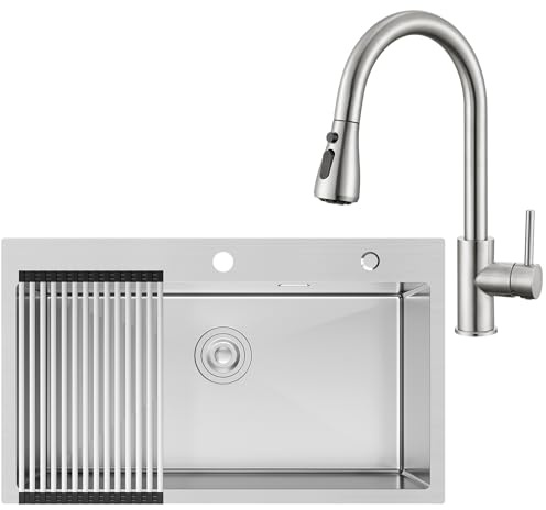 CECIPA 75x45 cm Fregadero de Acero con Arco Grifo de Cocina Extraíble, Lavabo de Cocina 1 Cuenca Inox para Mueble de 80cm, con Sifón y Desagüe