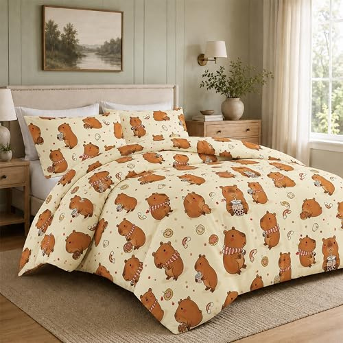 Olivia Rocco Capybara Single Duvet Cover Sets Soft Microfibre Kids Bedding Reversible Quilted Bed Sets with Pillowcases (Grey, Single)