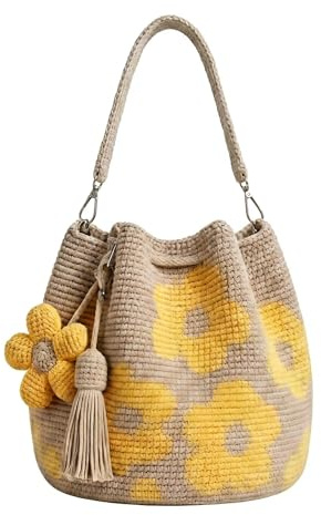 Borse fatte a mano all'uncinetto da donna, spaziosa borsa a secchiello con fiori 3D e ciondolo floreale con nappa, eleva il tuo stile boho. Borsa tote in tessuto all'uncinetto per vacanze estive al
