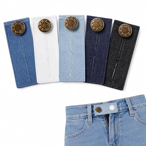 Talinco 5 Pack Adjustable Elastic Jeans Waist Extenders, 5 Colours | Elastic adjustable button waist extenders, 1-2 inch extension, ideal for denim jeans, trousers, maternity pants, 5 colours.