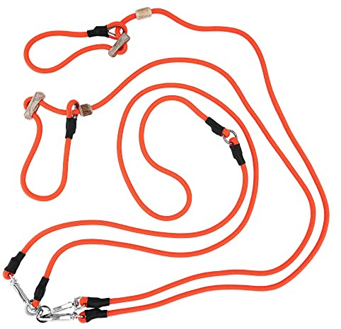 Umhängeleine Moxonleine für Zwei Hunde gleichzeitig | Auch als Jagdleine beliebt | Retrieverleine mit Zugstopp (Orange)