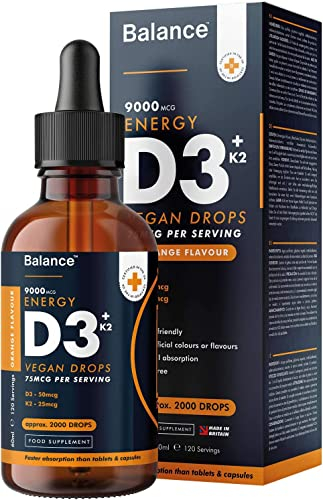 Vitamin D3 + K2 Liquid Drops - Vegan - High Strength 2000iu D3 + 25mcg K2-2 Month Supply - 120 Servings - 9,000mcg per 60ml Bottle - Sublingual Fast Absorption - Made in UK by Balance (1x Pack)