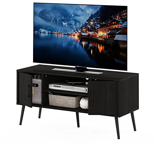 Furinno Claude - Porta TV in stile metà secolo con gambe in legno, 2 armadi, Espresso