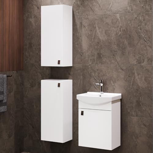 Planetmöbel Badmöbel Set Waschtisch mit Unterschrank | 45 x 60 x 33 cm, 2x Midischrank 32 x 75 x 23 cm für Badezimmer, Gäste WC & Bad, Weiß