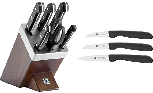 ZWILLING Selbstschärfender Messerblock, 7-tlg, Holzblock, Messer und Schere aus rostfreiem Spezialstahl/Kunststoff-Griff, Gourmet & 38115001 Gemüsemesser-Set, 3 tlg, Kunststoff, schwarz