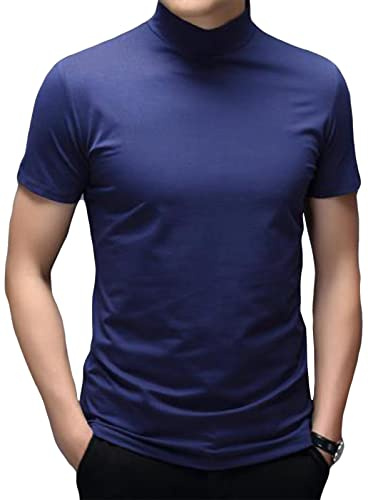 Mens T Shirt Summer Mock Turtleneck Knit Pullover Sweater Short Sleeve Solid Knitwear Sweaters Slim Fit Undershirt Royal Blue L