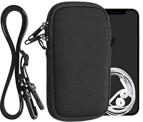 kwmobile Handytasche für Smartphones M - 5,5 - Neopren Handy Hülle Schwarz mit Kordel - Handy Tasche mit Handykette 15,2 x 8,3 cm Innenmaße