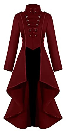 Steampunk Vintage Frack Giacca da donna con orlo irregolare, vestito gotico, gonna da passeggio vittoriana, cappotto lungo, rinascimentale, medievale, cosplay, uniforme, costume da donna (rosso, 2XL)