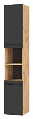 Planetmöbel Badmöbel Badezimmerschrank schmal, Hochschrank LUX 30 x 165 x 32 cm, Badschrank Gold Eiche/Anthrazit
