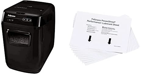 Fellowes distruggi documenti automatico a frammento 150C, 150 fogli + Fogli oliati lubrificanti per distruggidocumenti, bianchi, confezione da 10 fogli
